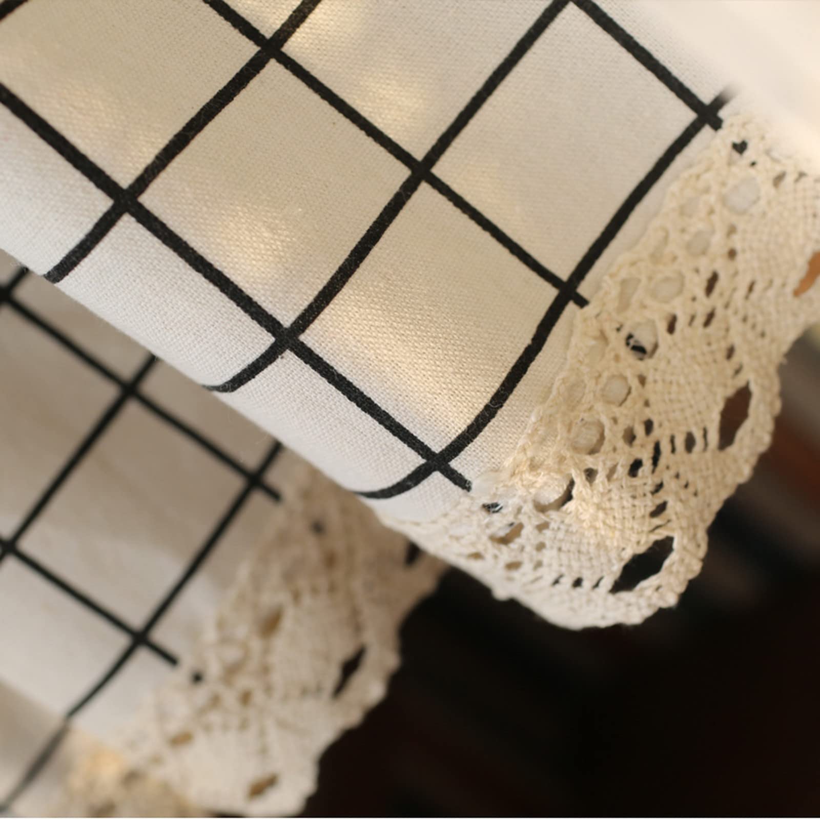 A.Monamour Gardine Scheibengardinen Kurzstores Landhausstil Baumwolle Leinen Spitze Schwarz Weiß Kariert Blickdicht Kurzvorhang Kurzgardinen Küche Vorhang Fenster Kurz Stores Bistrogardine