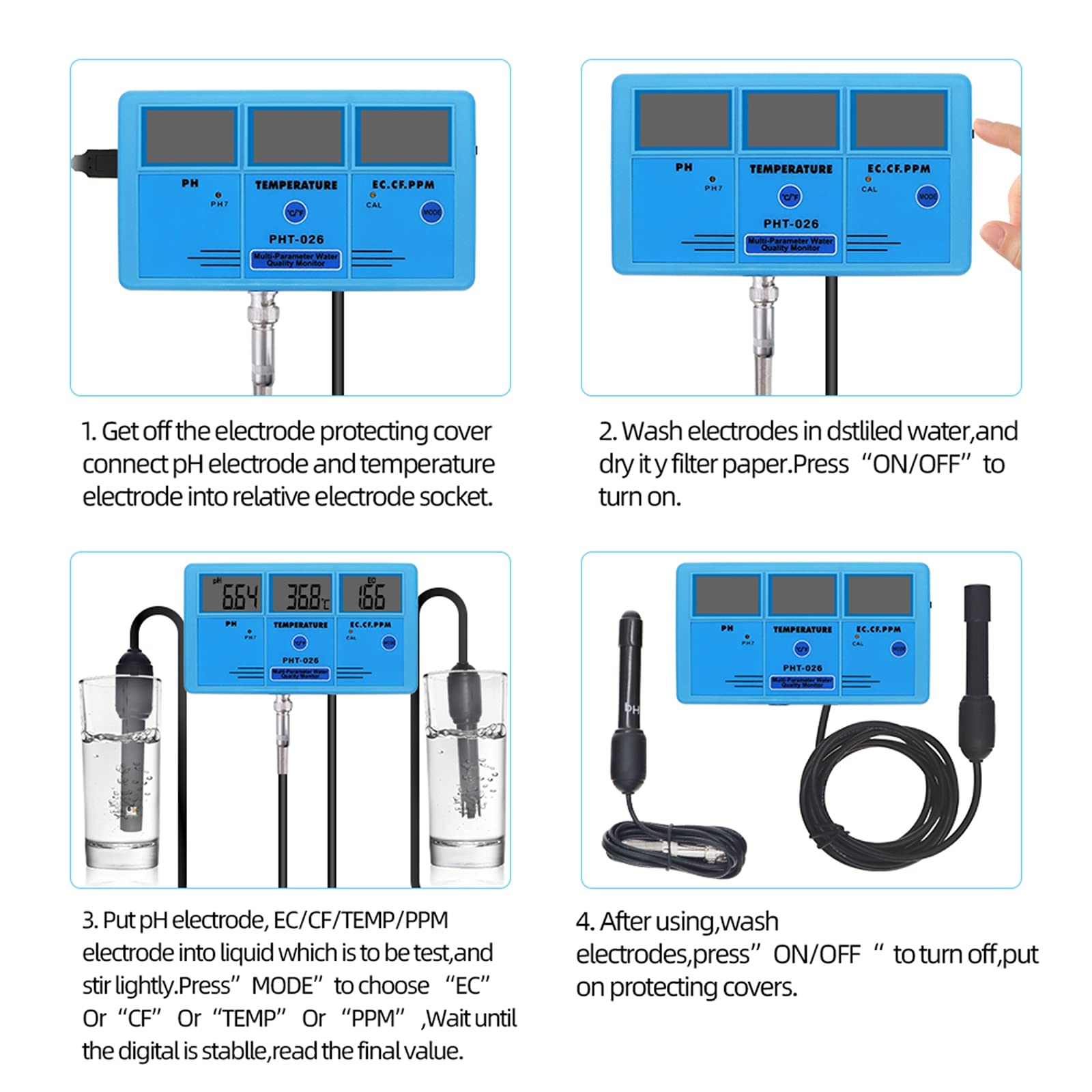Monitor de Calidad del Agua multiparamétrico Medidor de pH TDS Detector de conductividad de Temperatura Herramienta de análisis de medición de acuarios