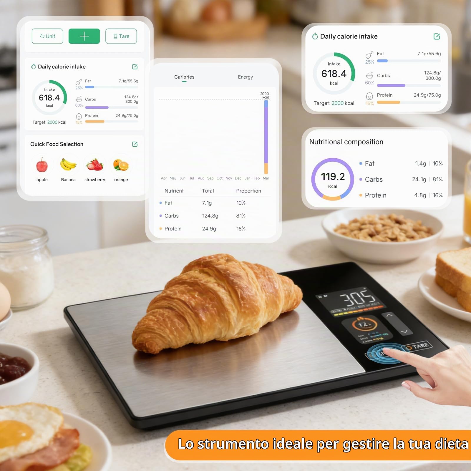 Bilancia da cucina intelligente con calcolo dei valori nutrizionali, bilancia da cucina smart con 24 analisi dei valori nutrizionali, bilancia da cucina con app gratuita e supporto Bluetooth, supporta