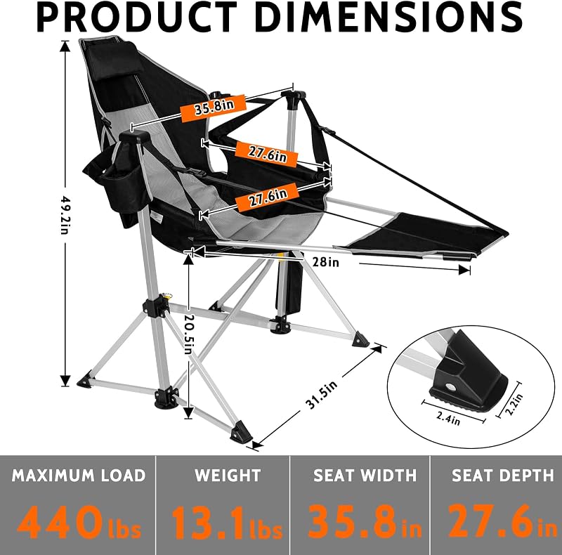 Romswi 2-Pack Aluminum Hammock Chair with Footrest, Oversized Portable Folding Swinging Chair with Adjustable Back & Seat, Lightweight Rocking Camp Chair Supports 440lbs for Outdoor, Patio - Black image 3
