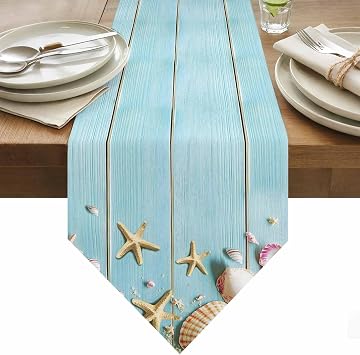 Summer Table Runners Small 13X36 Inches,Beach Theme Seashells Starfish ,Cotton Linen Blue Rustic Wood Tablecloths Holiday Party Table Decorations for Kitchen, Home, Dining, Indoor, Outdoor