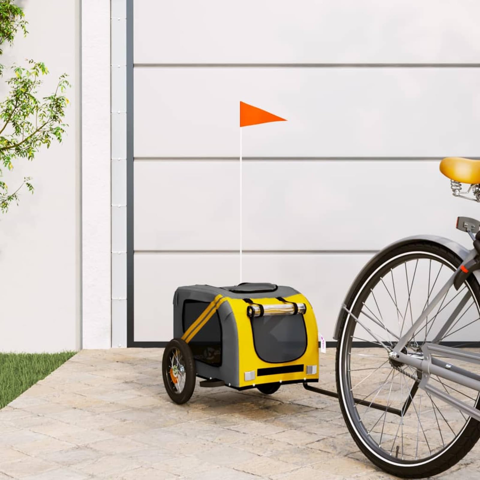 Gecheer Pet Bike Trailer for Dog Pet Stroller Cart Carrier with Wheels Yellow and Grey Oxford Fabric and Iron