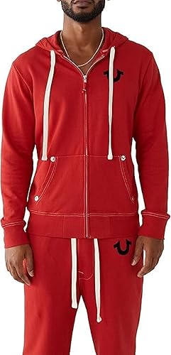 True Religion Hombre Buddha Logo Zip Hoodie Sweatshirt, Ruby Red W Black, M