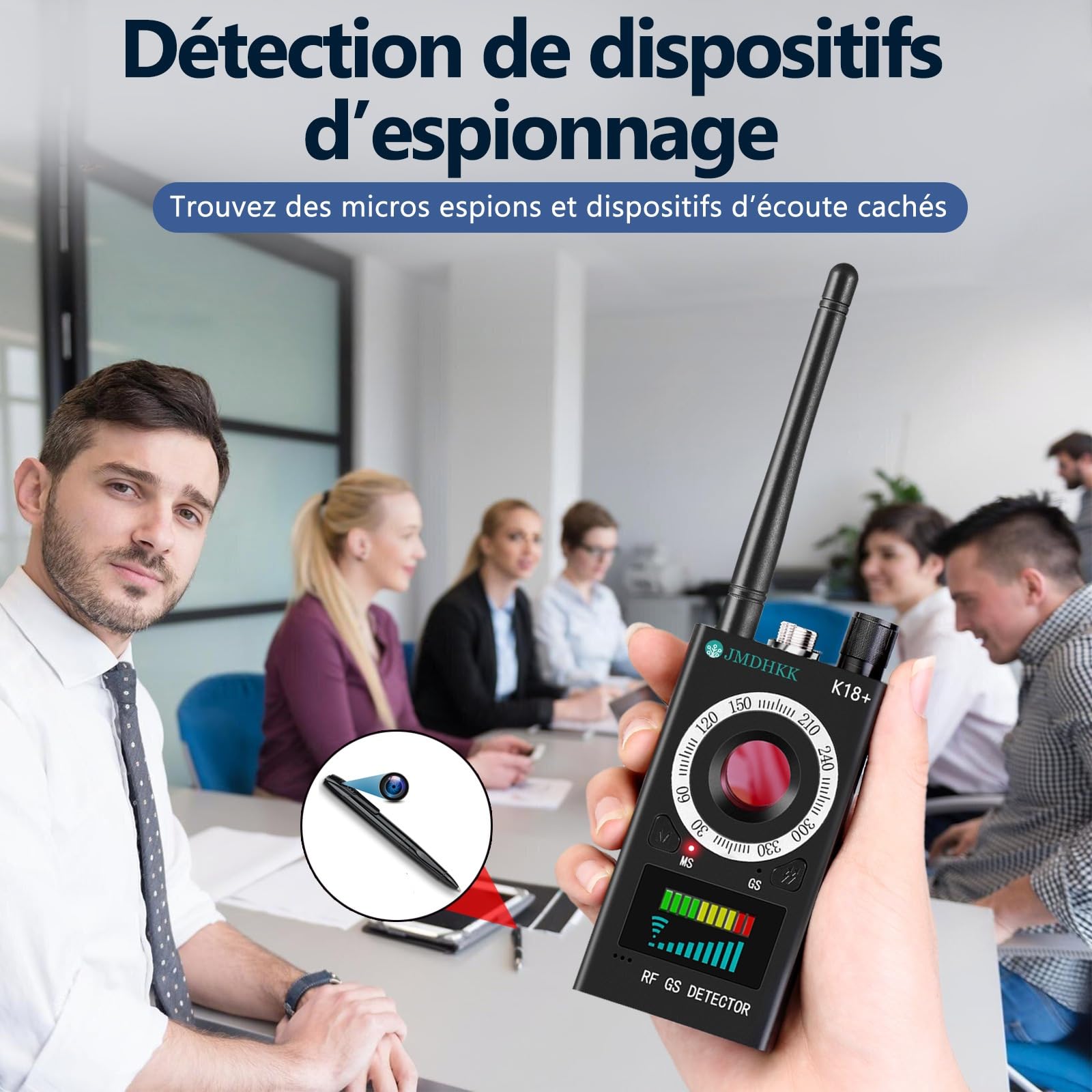 JMDHKK K18+ Détecteur de Signaux RF avec Détection Magnétique et Optique des Lentilles – Appareil de Protection de la Vie Privée pour Maison, Bureau, Hôtel et Voyage (Noir)