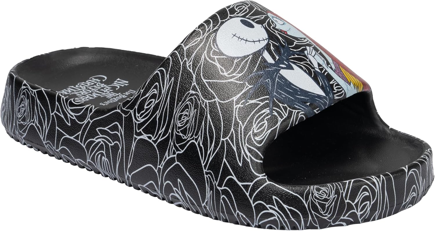 Disney The Nightmare Before Christmas Adult Black Rose Pool Slides Sandals - Spooky Quick-Dry Beach Flip Flops with Jack Skellington & Sally Print, Women's Sizes 5/6-9/10 Holiday Gifts for Fans