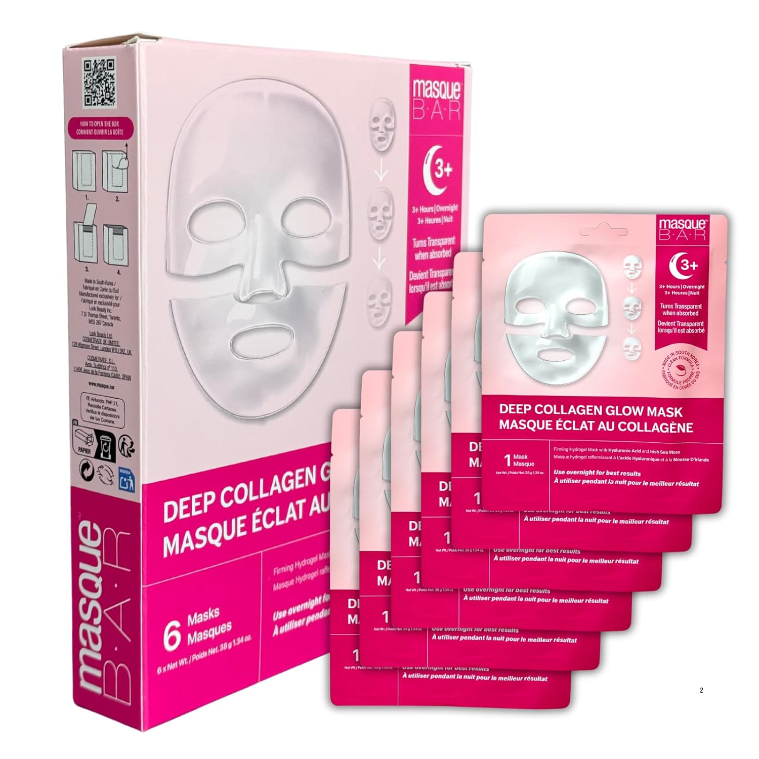 Masque BAR Deep Hydrating Overnight Face Mask for glass glow skin, Glow Mask, Real Collagen Face Mask with Hyaluronic Acid, Viral Korean Skincare Trend, Korean face mask, Collagen jelly gel mask, 6 ea