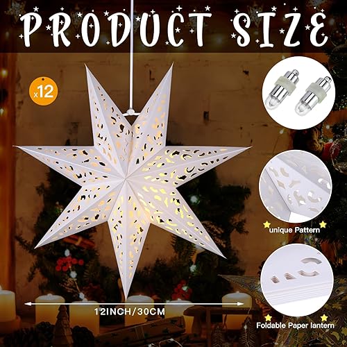 Miniatura 2 de Retisee 12 faroles de papel de Navidad de 14 pulgadas con 7 luces puntiagudas, copos de nieve, estrella de papel marroquí con 12 luces LED para