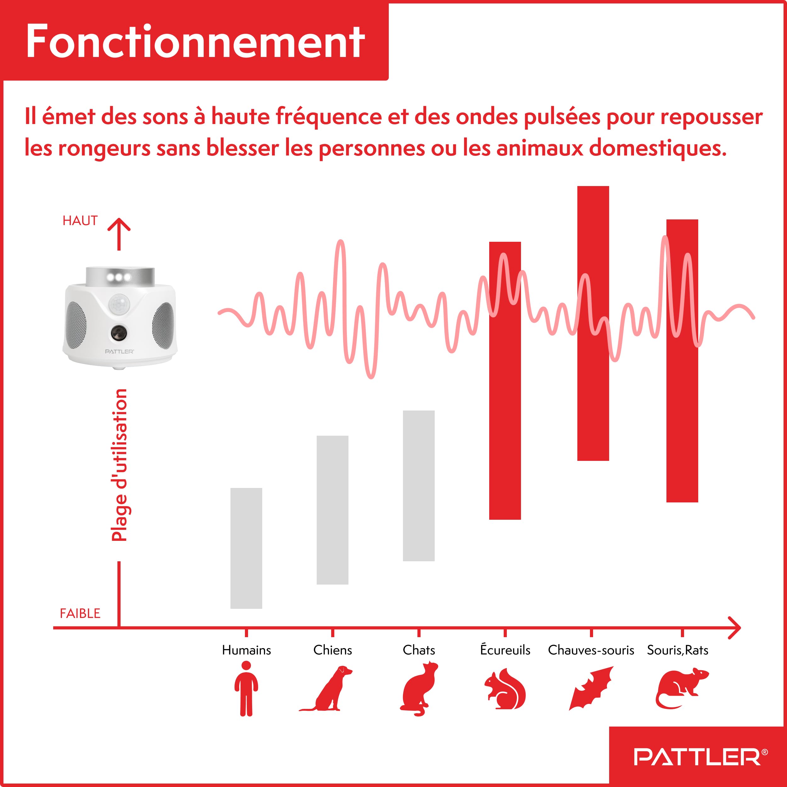 PATTLER® - Répulsif pour Souris à ultrasons 360° - Repousse efficacement Les Souris avec des Ondes ultrasonores - 2 pièces