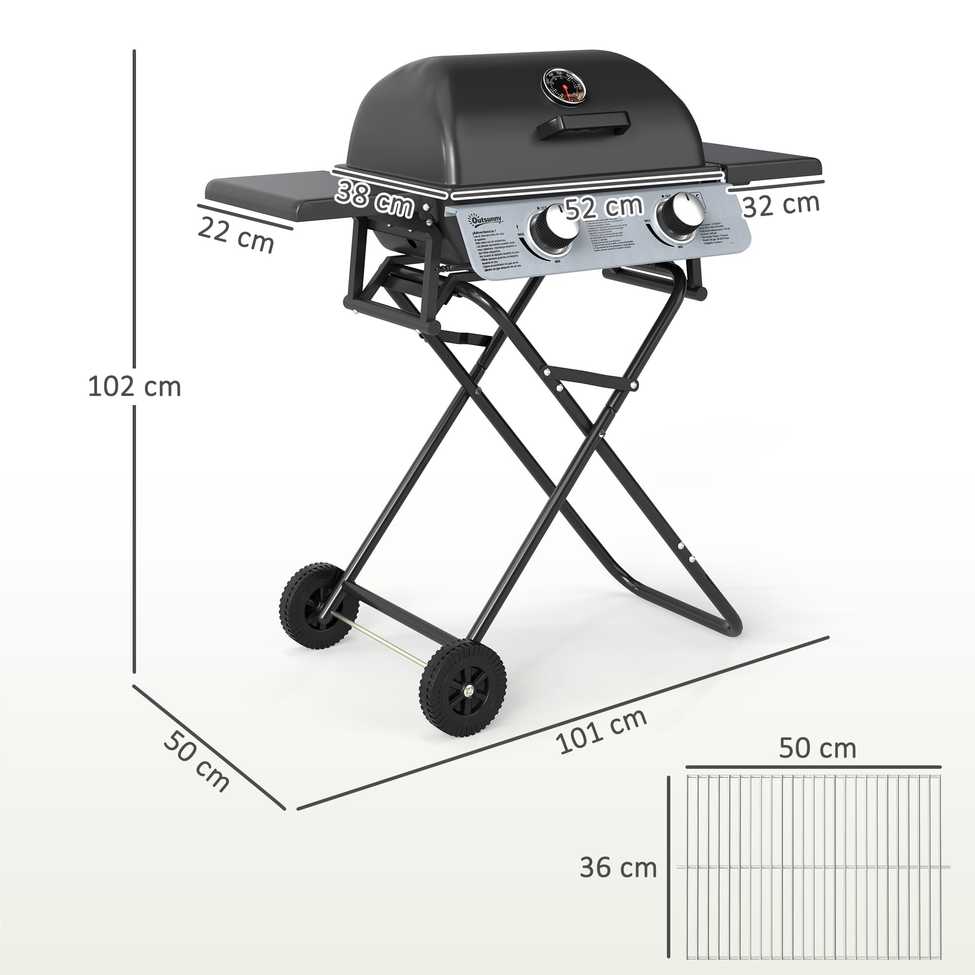 Outsunny Gasgrill mit 2 Edelstahlbrennern, 2,8 kW, tragbarer Grill, zusammenklappbar, mit Seitentischen, abnehmbarem Tablett, Thermometer und 2 Rollen für Picknick, Camping, 101 x 50 x 102 cm, Schwarz