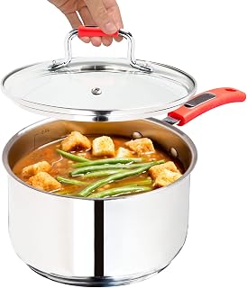 Sauce Pan, Stainless Steel 3 Quart Sauce Pan with Clear Glass Lid and Permanent Measurement Markings, Small Boiling Pot, Induction, Gas Electric Compatible