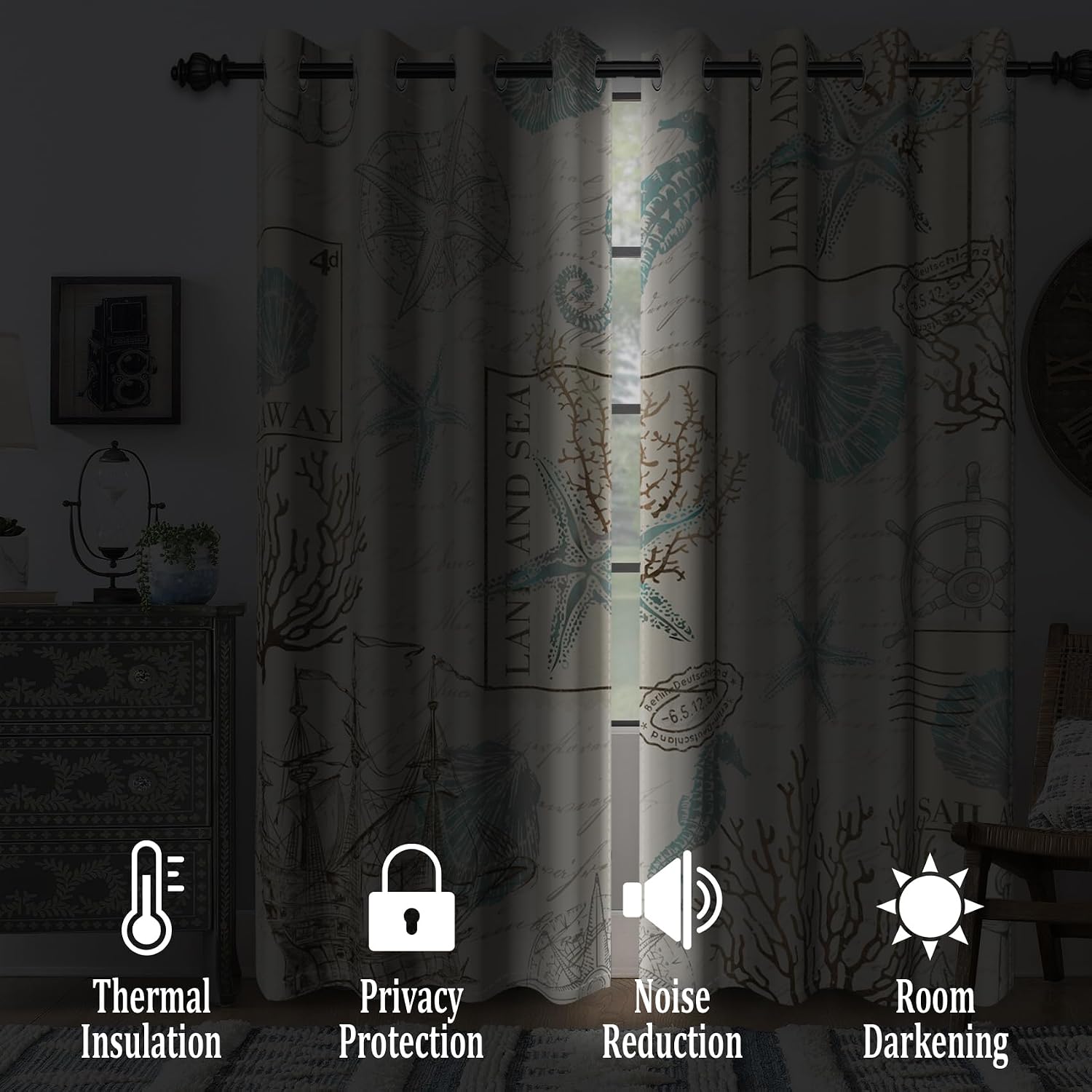 Renaiss Vintage Coastal Nautical Blackout Curtains for Bedroom Seashell Starfish Sailboat Beach Window Curtain Ocean Theme Thermal Insulated Drapes for Living Room Decor 2 Panels Set, 42x84 Inch