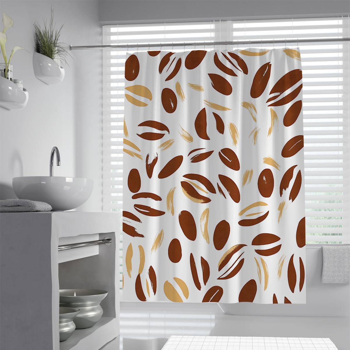 UIRINGART Coffee Beans Shower Curtain W120xL200cm Abstract Geometric Cafe Espresso Seeds Pattern Waterproof Rustproof Grommets Small Bathroom Screen With Hook