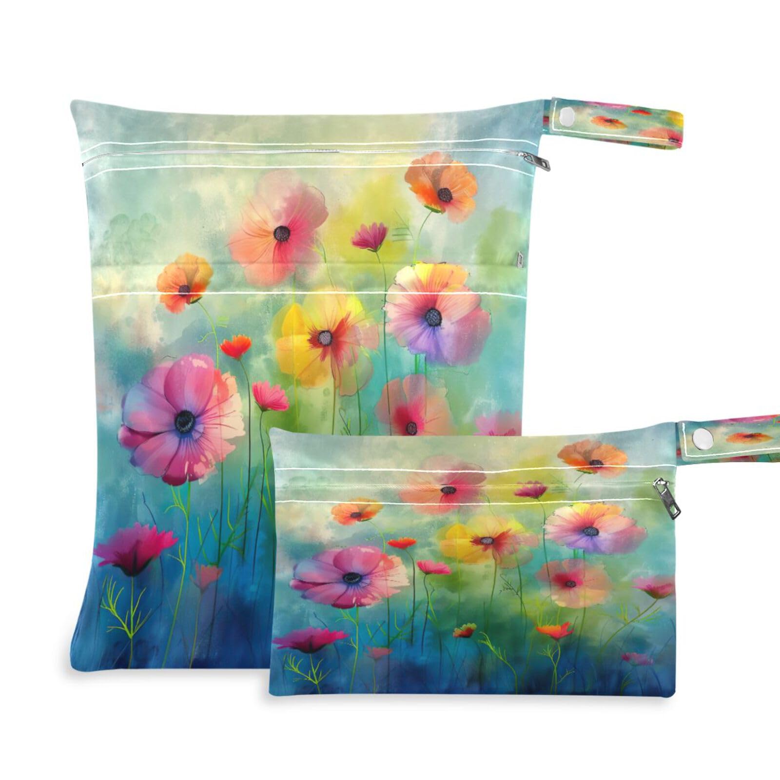 ATTX Colorful Flowers Painting Wet Dry Bags 2-Pack - Reusable Cloth Diaper Storage for Travel, Beach & Gym | Multi-Use Waterproof Bags for Swimsuits, Baby Clothes, Sports Gear#76