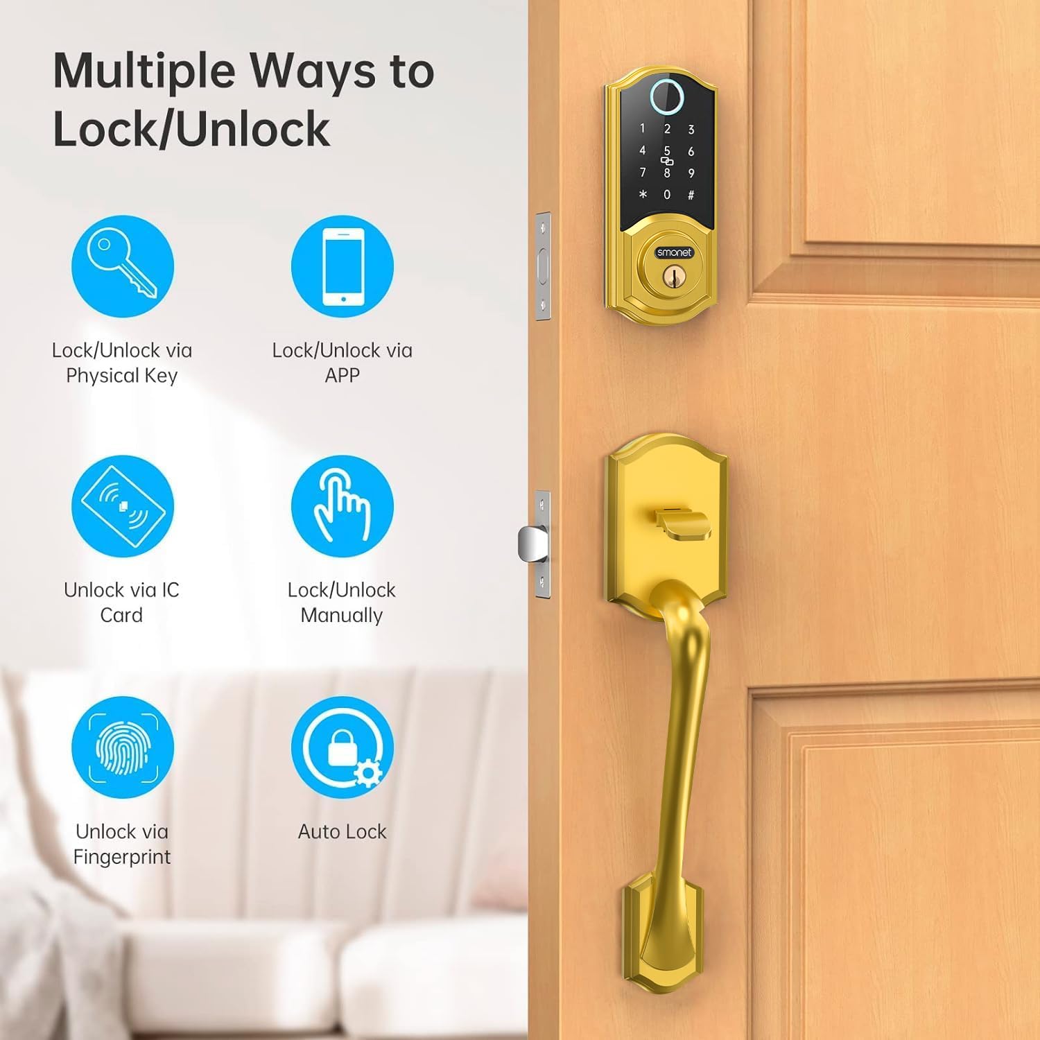 SMONET Cerradura inteligente para puerta delantera con asa, juego de cerradura de puerta de entrada sin llave, cerrojo inteligente de huellas dactilares con aplicación Bluetooth, teclado electrónico