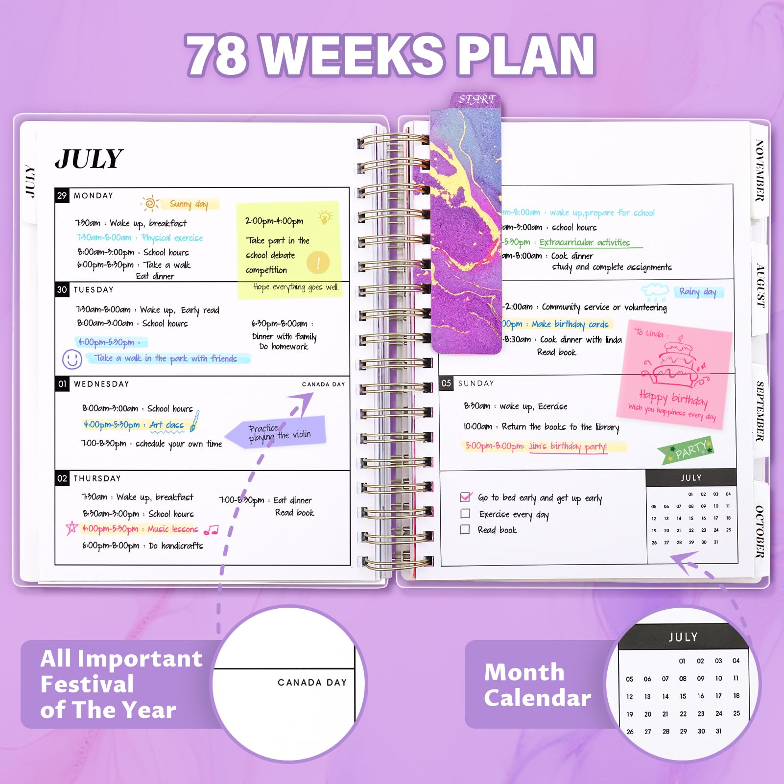 Planer 2025-2026, duży 18-miesięczny akademicki dzienny tygodniowy miesięczny planer roczny lipiec 2025-grudzień 2026, 20 x 25 cm, zakładki stron, strona separatora, teczka kieszonkowa, zakładka