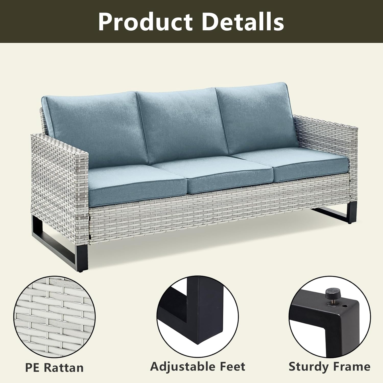 Rilyson Wicker Outdoor Couch Patio Sofa - 3 Seater Rattan Outdoor Patio Couch with Waterproof Wicker,Comfortable Cushions and Sturdy Metal Frame for Outside Porch Deck Backyard(Light Grey/Sky Blue)