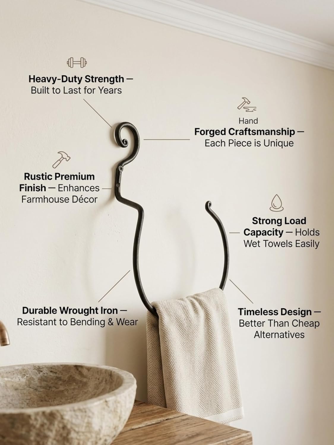 Hand Forged Wrought Iron Towel Holder-Matte Black Towel Ring for Bathroom or Kitchen - Farmhouse, Vintage, Rust Resistant, Easy to Install, Hand-Forged Decorative Rustic Bathroom Decor (Curved Scroll)