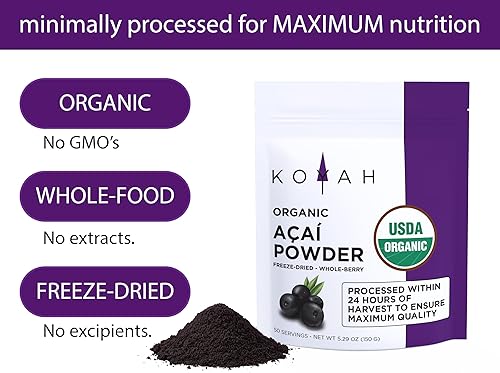 Miniatura 3 de KOYAH - Acai en polvo orgánico (5.29 oz - 50 porciones) Cultivado en Brasil, liofilizado, 100% puro, sin ácido cítrico añadido, ideal para batidos y