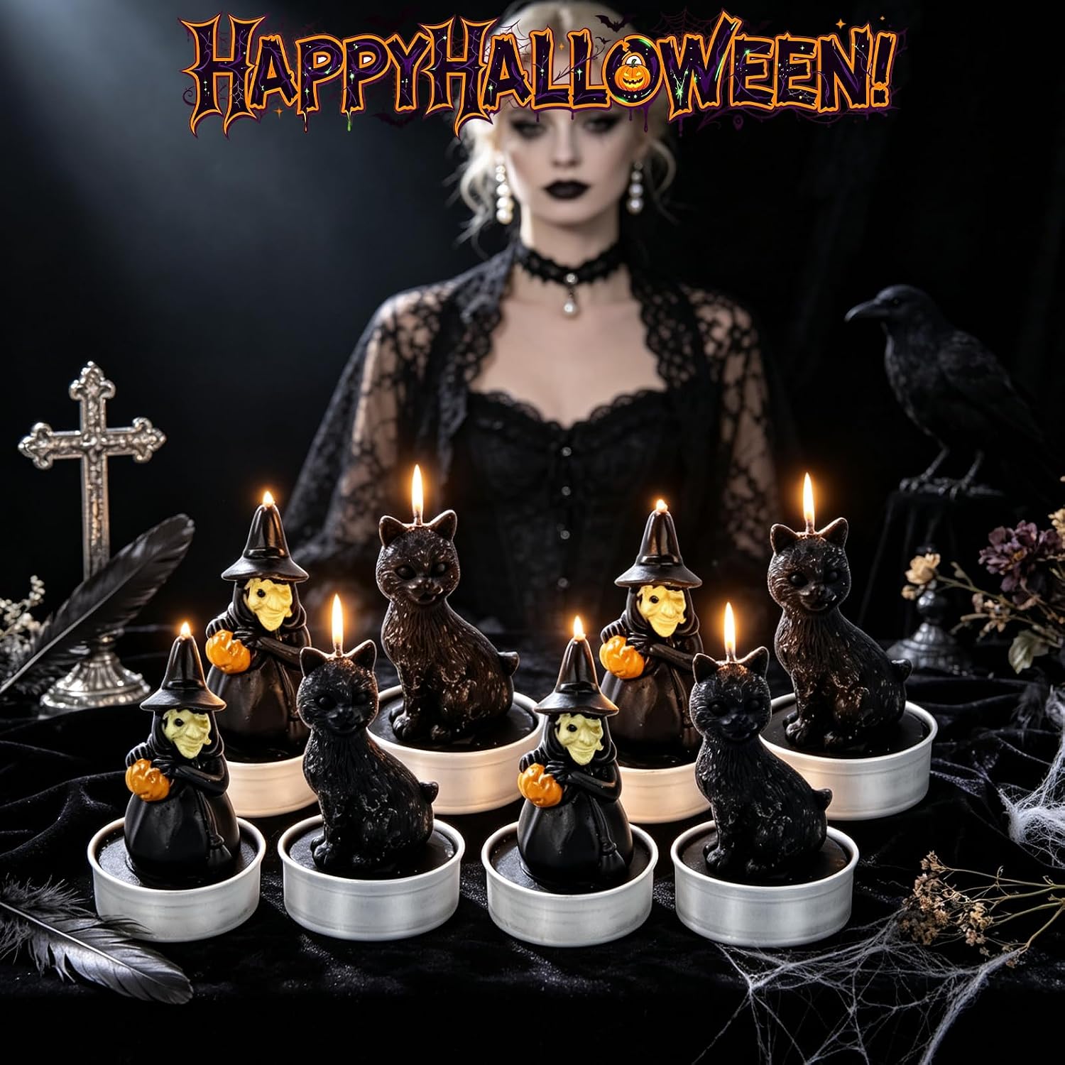 Halloween Witch Black Cat Candles, 12 Pack Soy Wax Set