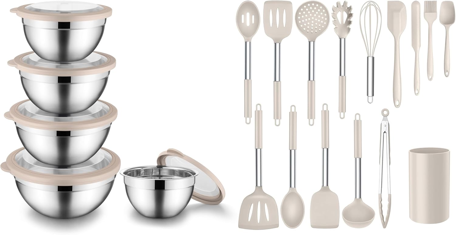 Onader Mixing Bowl Set of 5 for Kitchen, Stainless Steel Metal Nesting Mixing Bowls with Khaki Lids – Size 1.5, 2, 2.6, 3.5, 4.6QT, and Onader Silicone Cooking Utensils Set of 15 with Holder