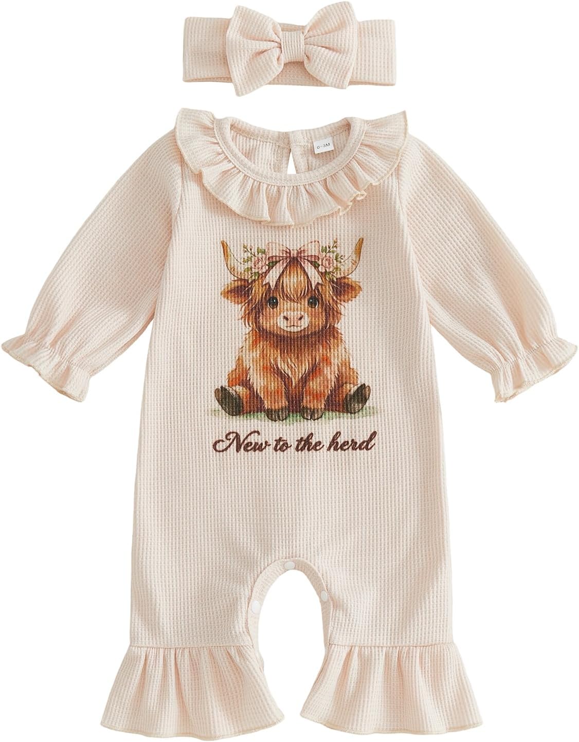 Newborn Baby Girl Western Clothes Cowgirl Outfit New to the Herd Highland Cow/Pony Romper Long Sleeve Waffle Jumpsuit