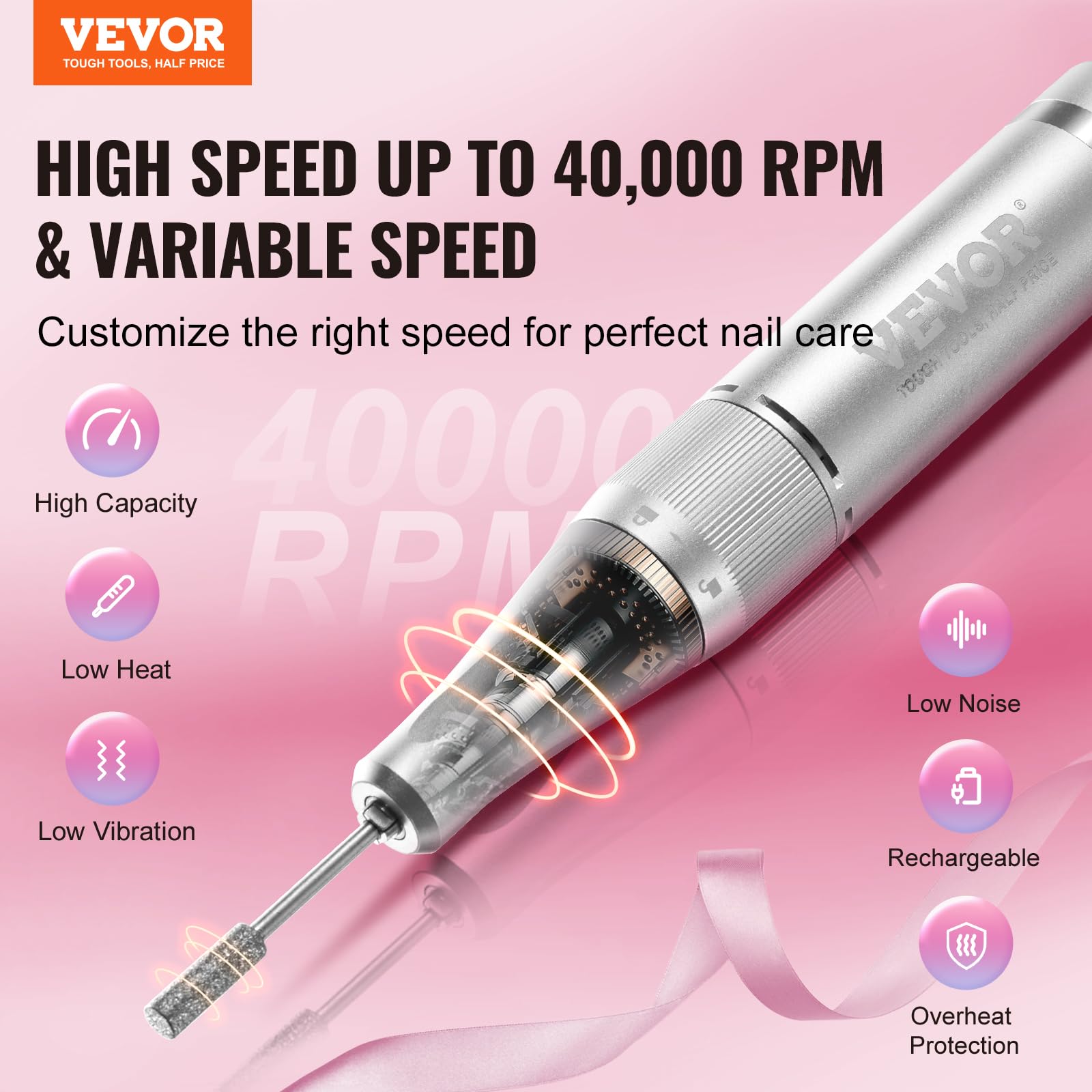VEVOR Taladro de Uñas Eléctrico Recargable, Máquina de Lima de Uñas Inalámbrica Portátil de 40.000 RPM, Herramienta de Amoladora de Gel Acrílico para Manicura Pedicura Tallar Esmalte, 157 x 76 x 42 mm
