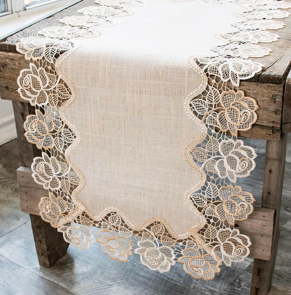 Beige Rose Lace Table Runner, Dresser Scarf, Vitage Charm (15Wx35L)
