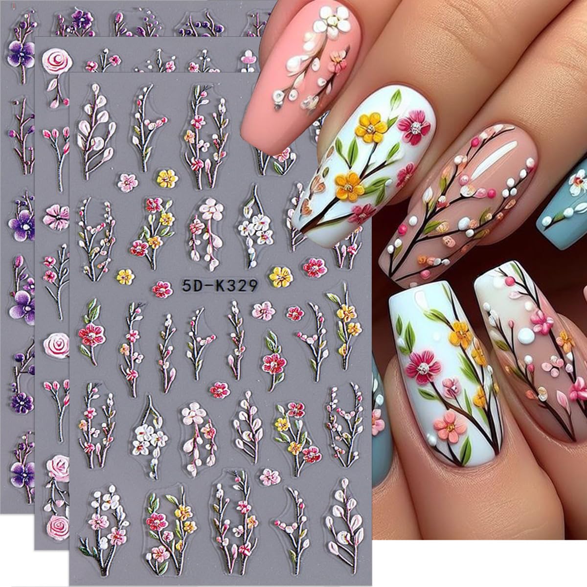 Flower Nail Art Stickers 5D Flowers Nail Decals 3PCS Self-Adhesive Spring Nail Design Stickers Purple Yellow Rose Flower Nail Art Supplies Plant