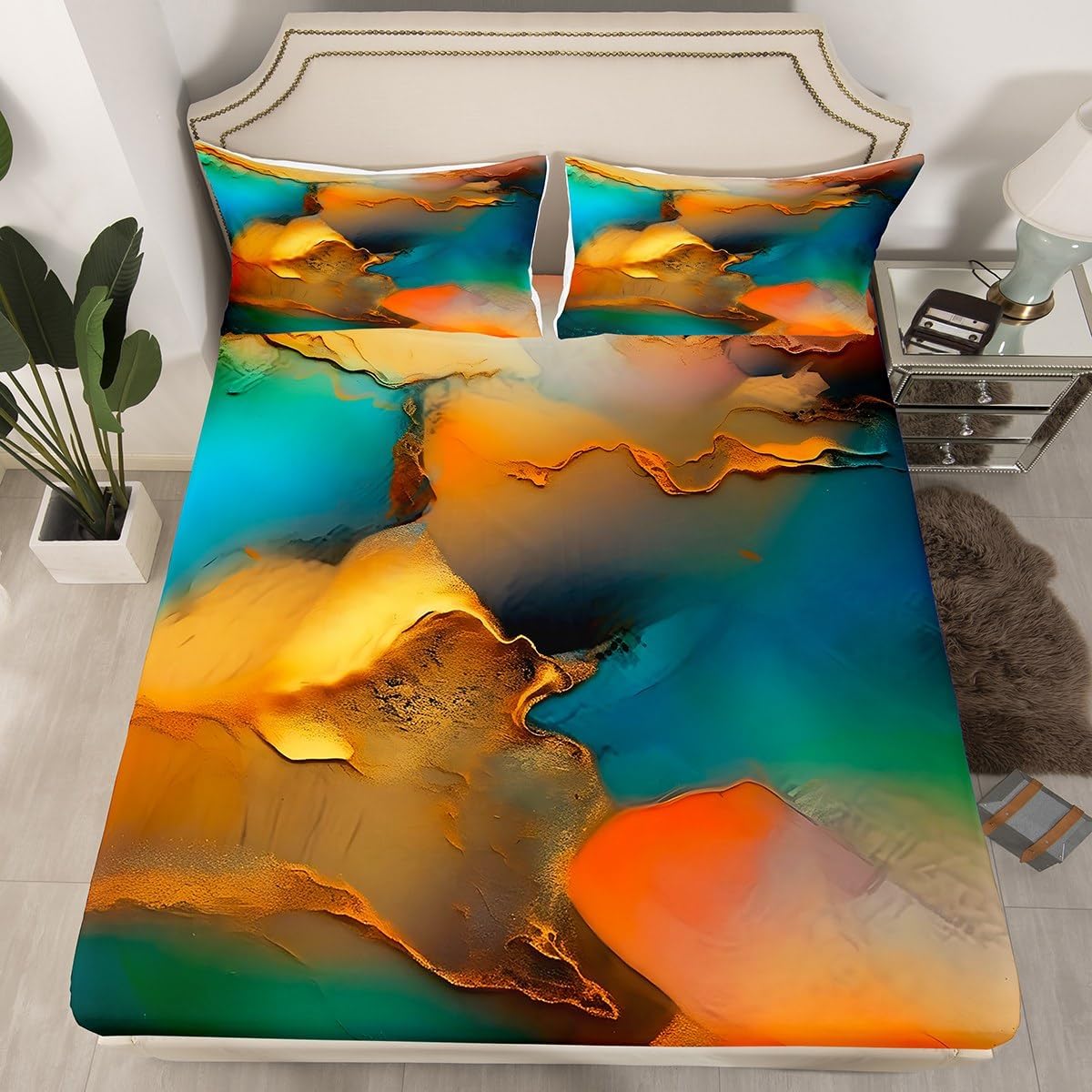 Blue Gold Marble Bed Sheets Set Modern Marble Aesthetic Sheet Set For Kids Boys Children Retro Watercolor Artwork Design Sheets with Deep Pocket Fitted Sheet Abstract Marble Bedding Set Queen Size