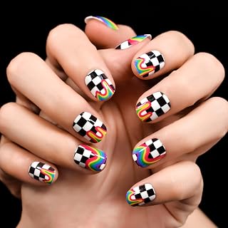 Christmas Nails Glossy Black White Press on Nails Pre-design Grid Rainbow False Nails Short Squoval Fake Nail Art Tips