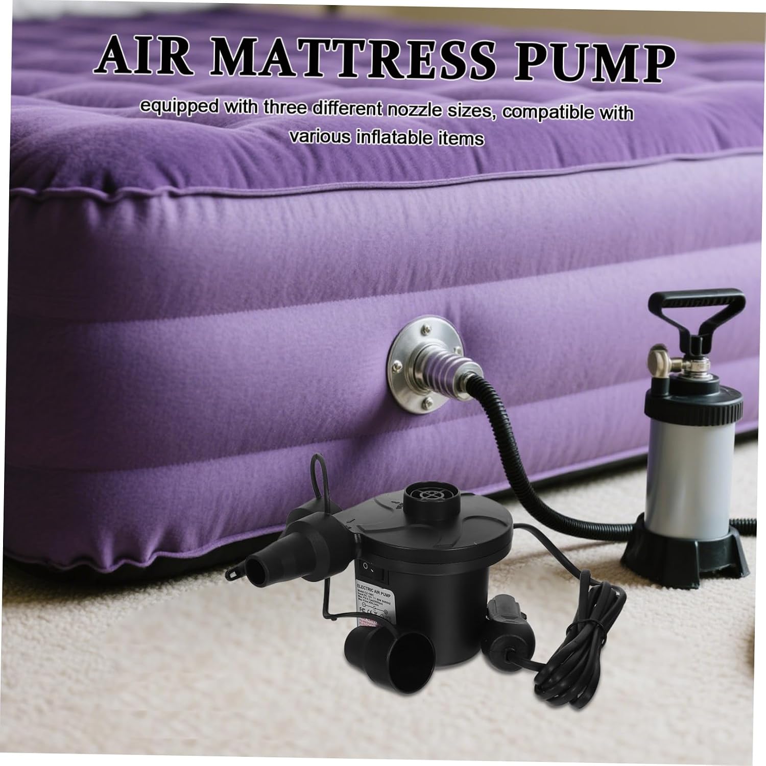 Homoyoyo Electric Portable Air Pump for Mattress and Inflatables with 3 Nozzles, Fast Inflation 110v US Plug, Compact Handheld Pump for Camping and Outdoor Use