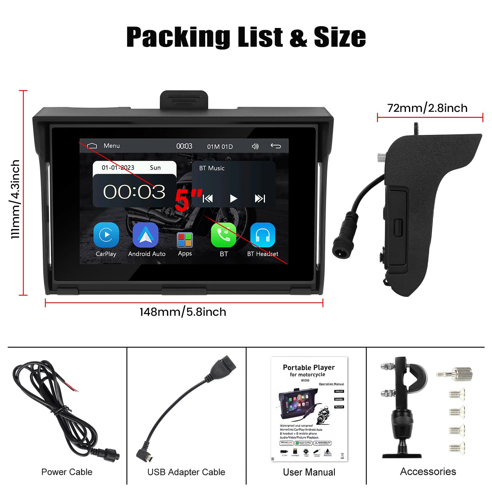 CAMECHO Motorrad GPS Carplay Bildschirm, Kabelloses CarPlay und Android Auto, Tragbarer 7 Zoll Wasserdichter Bluetooth Touchscreen mit Dual Bluetooth, EQ, Navigation, Siri