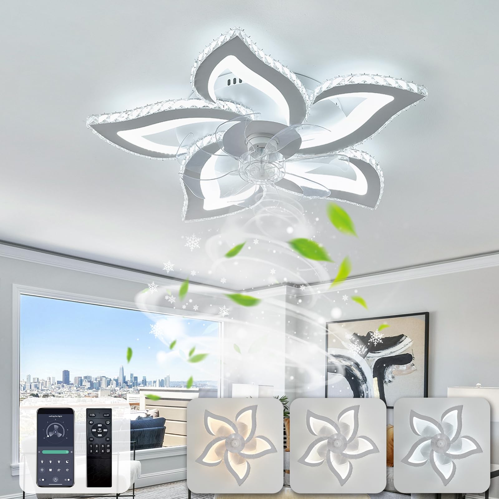 Ventilador de techo con lámpara de cristal LED regulable y motor CC