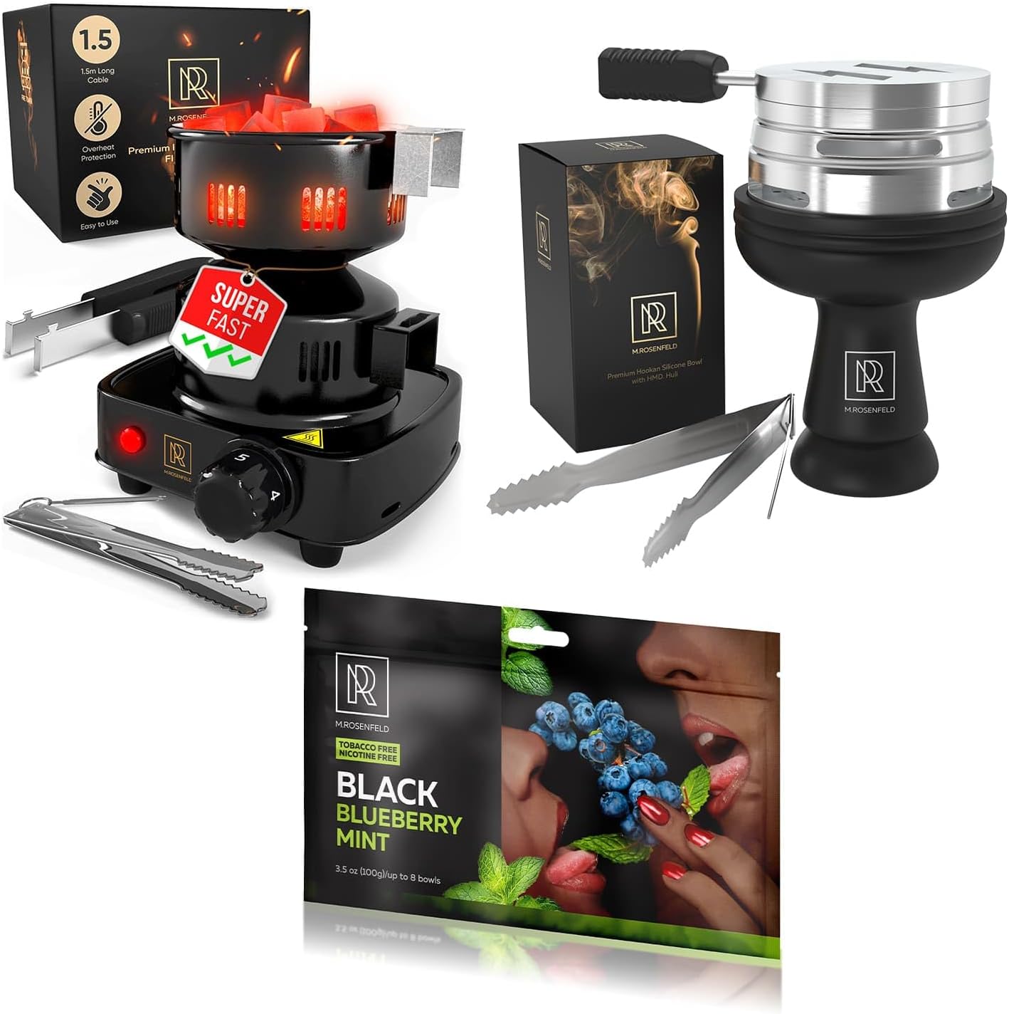 Hookah Coal Burner for Hookah – Premium FIRE Tower - Black Silicone Hookah Bowl Set Silicone - Black Blueberry Mint Hookah Flavor Blueberry Mint 3.5 Ounce