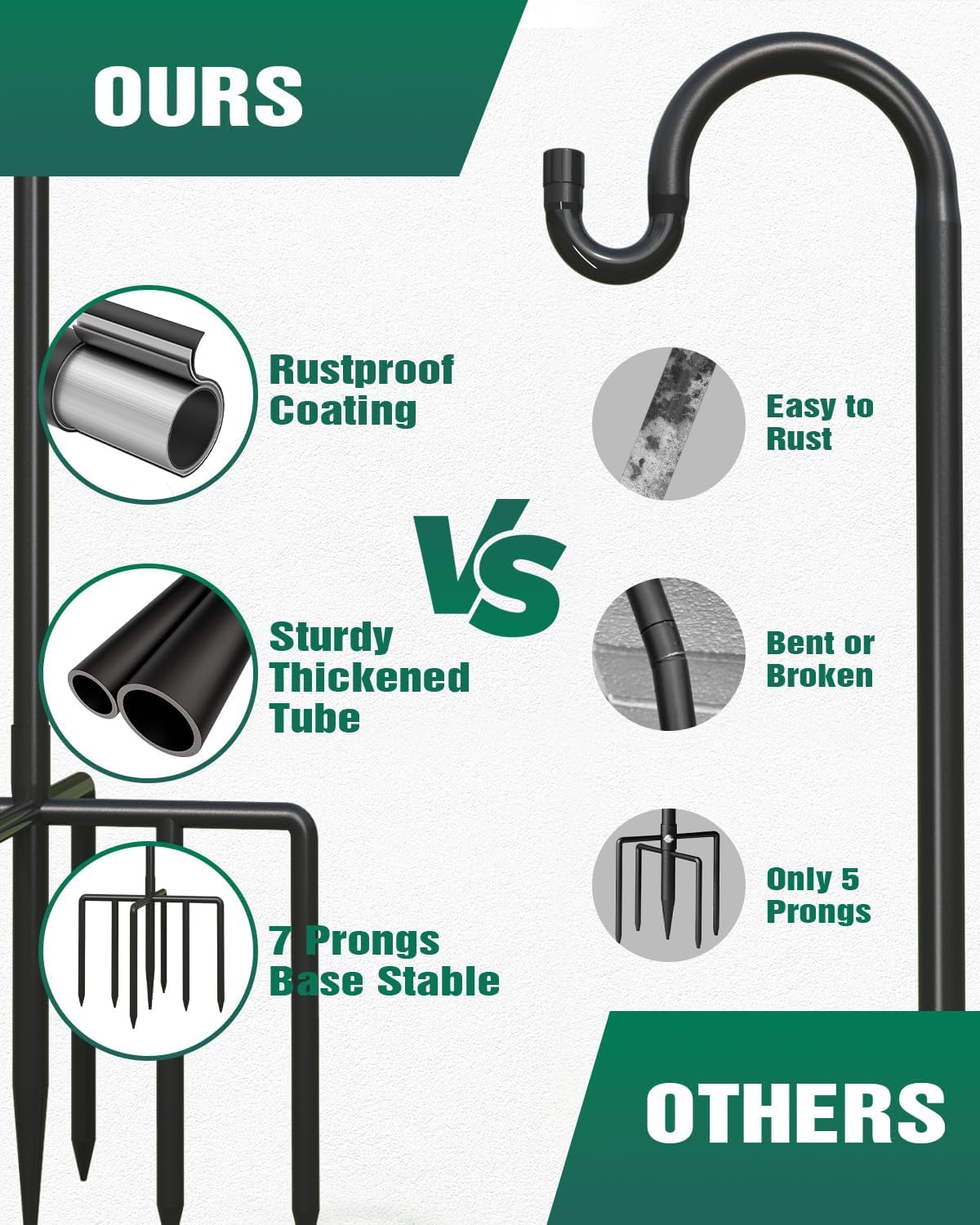 Breeze Touch 2Pack 92 Inch Adjustable Shepherd Hooks for Outdoor Outside, Heavy Duty with 7 Prongs Base, for Hanging Lantern, Hummingbird Feeder, Lightweight Plant, Wind Chime, Bird Feeder Hanger