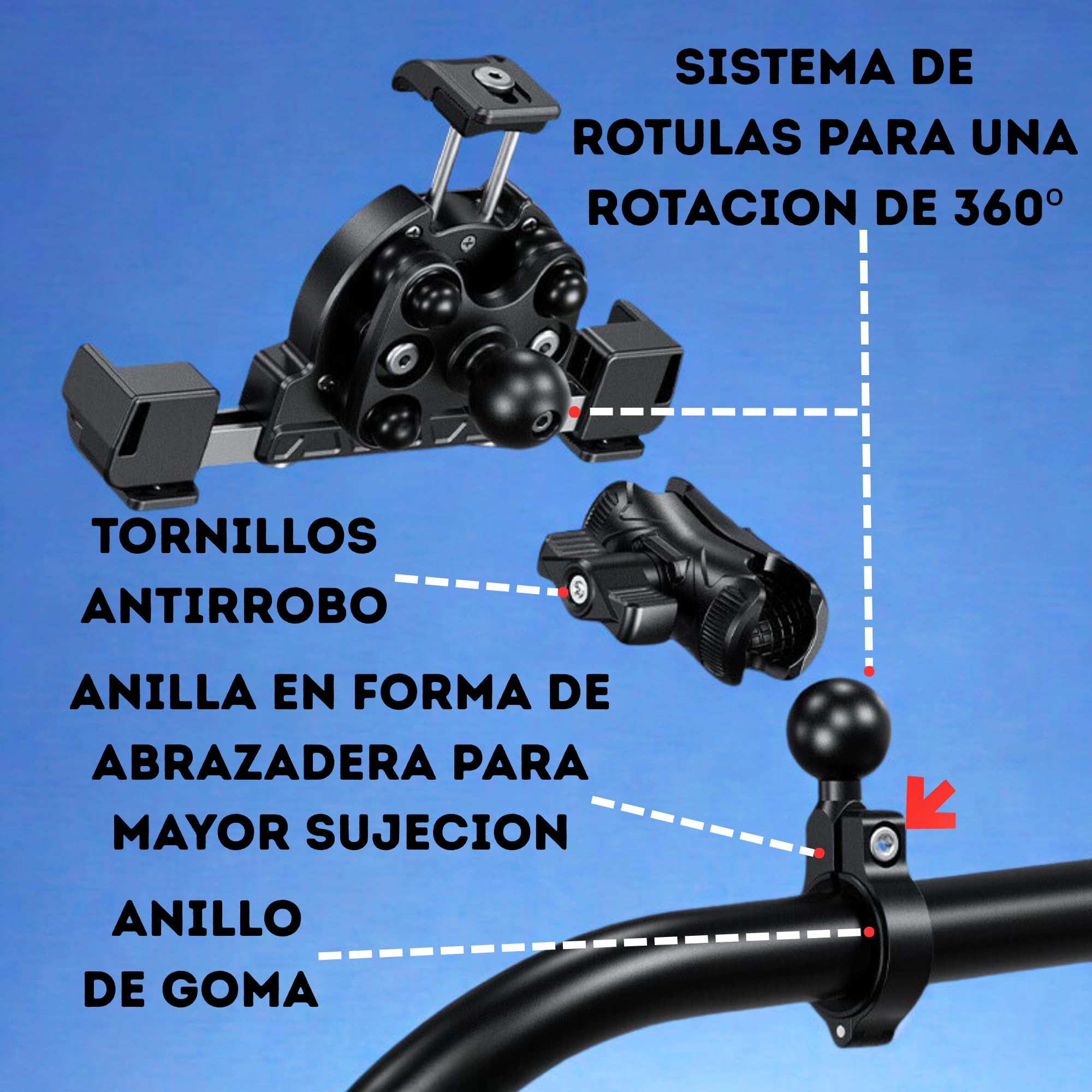 Radg Soporte Móvil Moto - [Doble Antivibración] Rotación 360º Tornillo Antirrobo, Camara Libre, Soporte Telefono Bicicleta — view 10