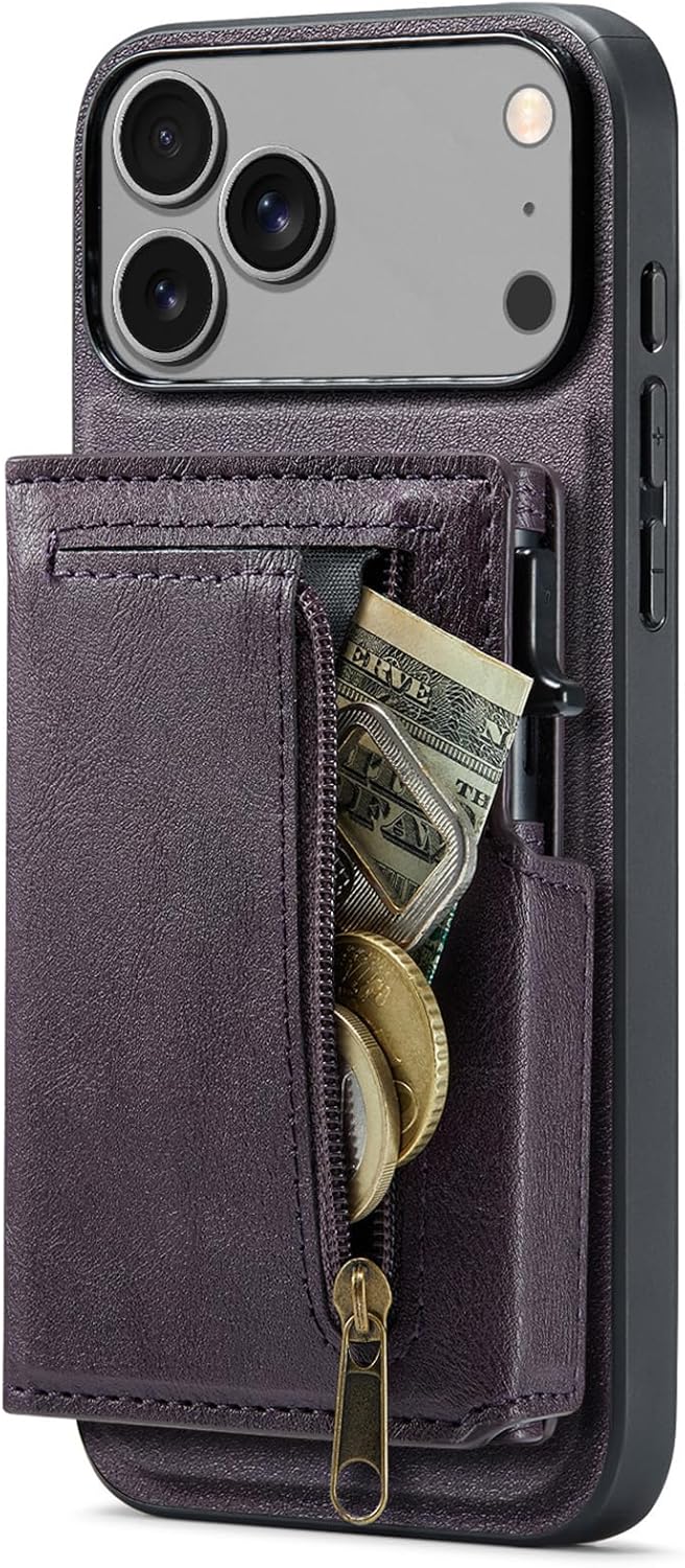 Wallet Case for iPhone 17/17Air/17Pro/17Pro Max, 2 in 1 Detachable Magnetic Back Credit Slots Phone Cover, Slim Large Capacity(Purple,17 Pro)