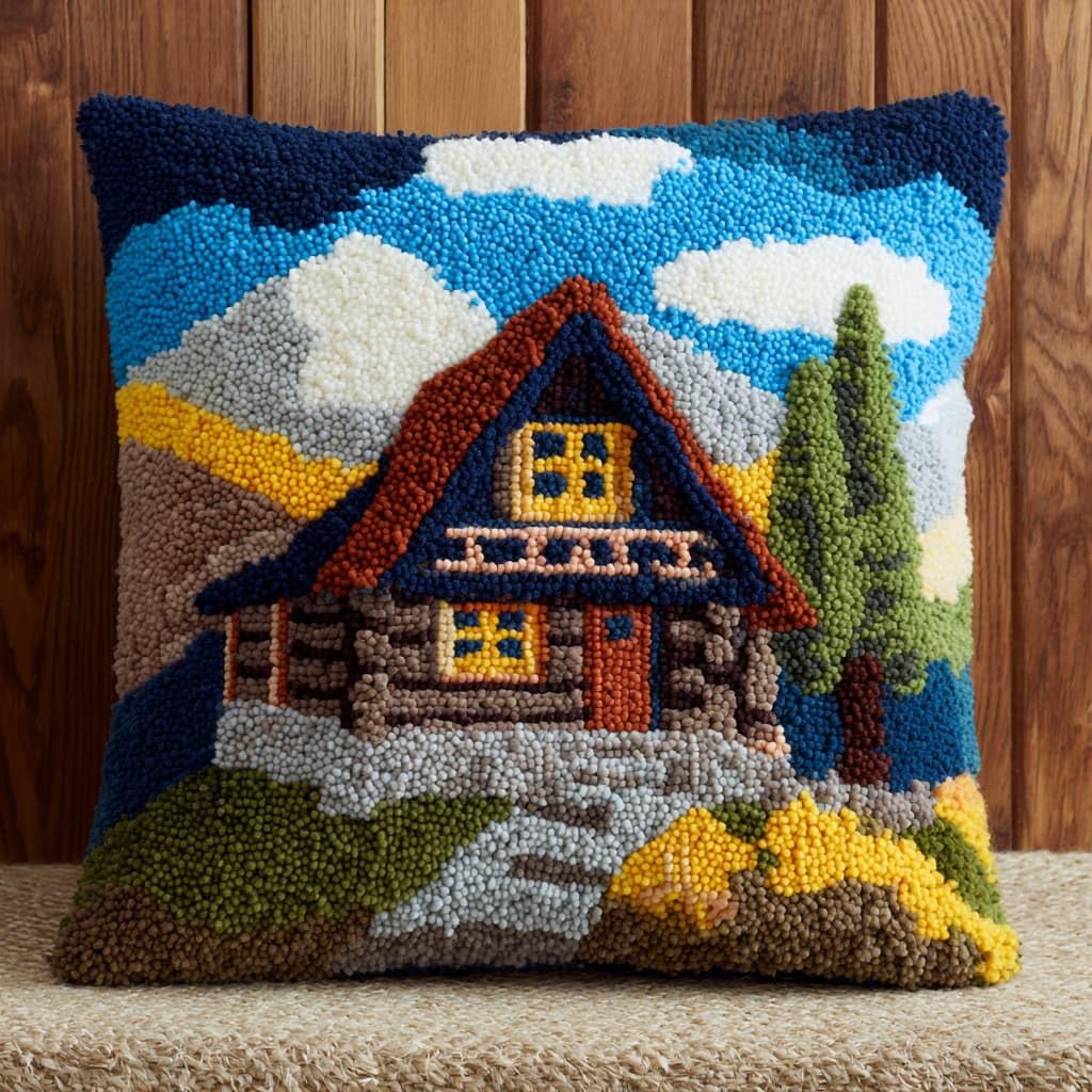 Henypt Latch Hook Cushion Kits, Country Cottage