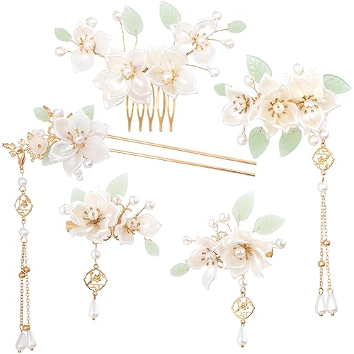 HINZIC 5PCS Camellia Flower Tassels Hairpin, Crystal Rhinestone Pearl Hair Clips Headpiece Retro Chinese Hanfu Wedding Brides Hair Accessories Korean Jewelry for Women Girls Updo Long Hair - Camellia Flower