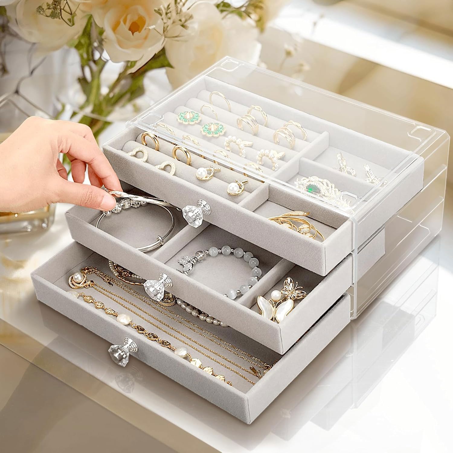 Jewelry Box Organizer with 3 Drawers for Women Girls, 3-Layer Jewelry Organizer with Dustproof Cover, Clear Ladies Jewelry Boxes, Jewelry Display Case for Earring Rings Necklaces Bracelets Sunglasses