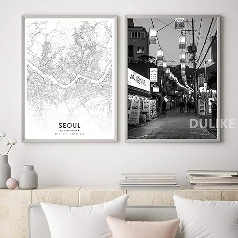 Amazon Co Jp 韓国白黒旅行写真ポスターと版画 ソウル市ストリートマップキャンバス絵画壁アート写真家の装飾60x90cm 2pcsフレームレス ホーム キッチン