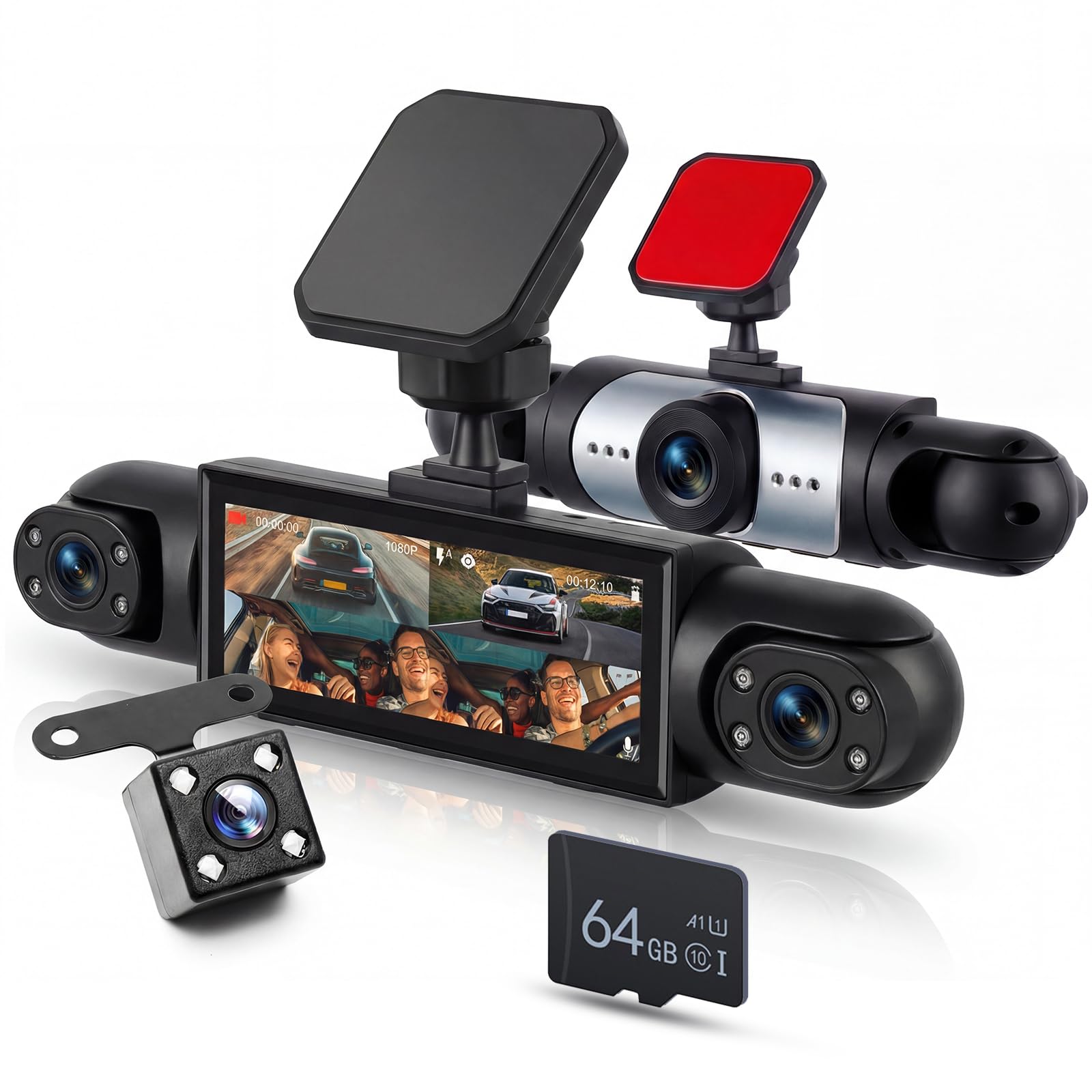 Rimoody Dash Cam Auto 4 kamery samochodowe, kamera Dashcam 3,16 cala, zintegrowana noktowizor, wyczuwanie ruchu, tryb parkowania 24/7, obsługa cofania pamięci 64 GB