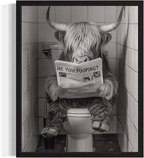Highland Cow on Toilet Bathroom Unframed Wall Art Print Poster, Animal Restroom Decor Posters Prints Home Picture Painting Artwork Gallery 9 (Highland Cow on Toilet, 20"L x 16"W, Unframed)