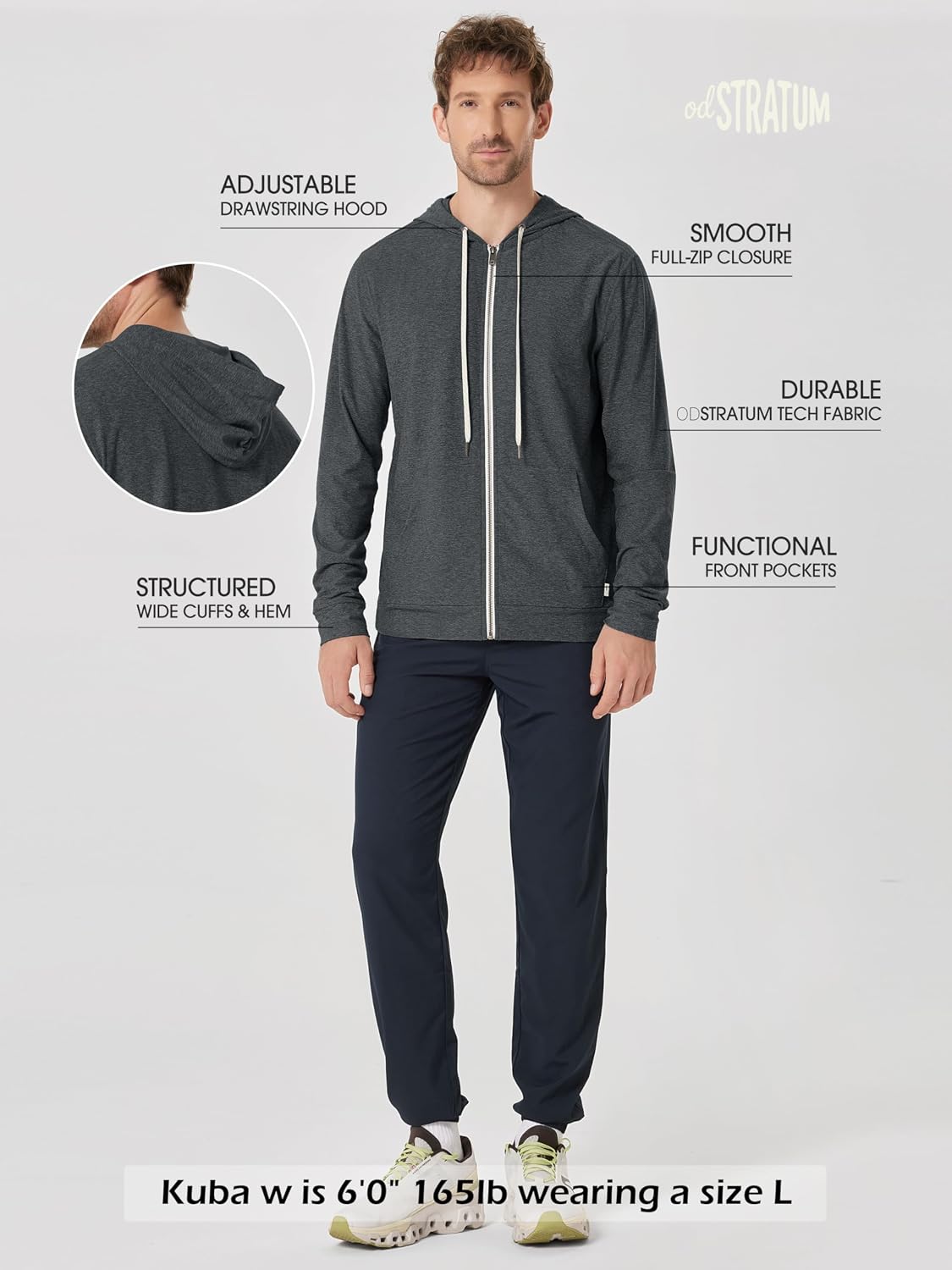 ODODOS Men's Full-Zip Hoodie - odSTRATUM Tech Ultra Soft Outfit UPF 50+ Performance Hooded Jacket with Pockets