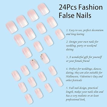 24Pcs False Nails Short Square, Gradient White Pale Pink French Fake Nail, Square Press on Nails with Elegant Design, Stick on Nail for Women Girls Nails Art (Pink,Silver Glitter, One Size)