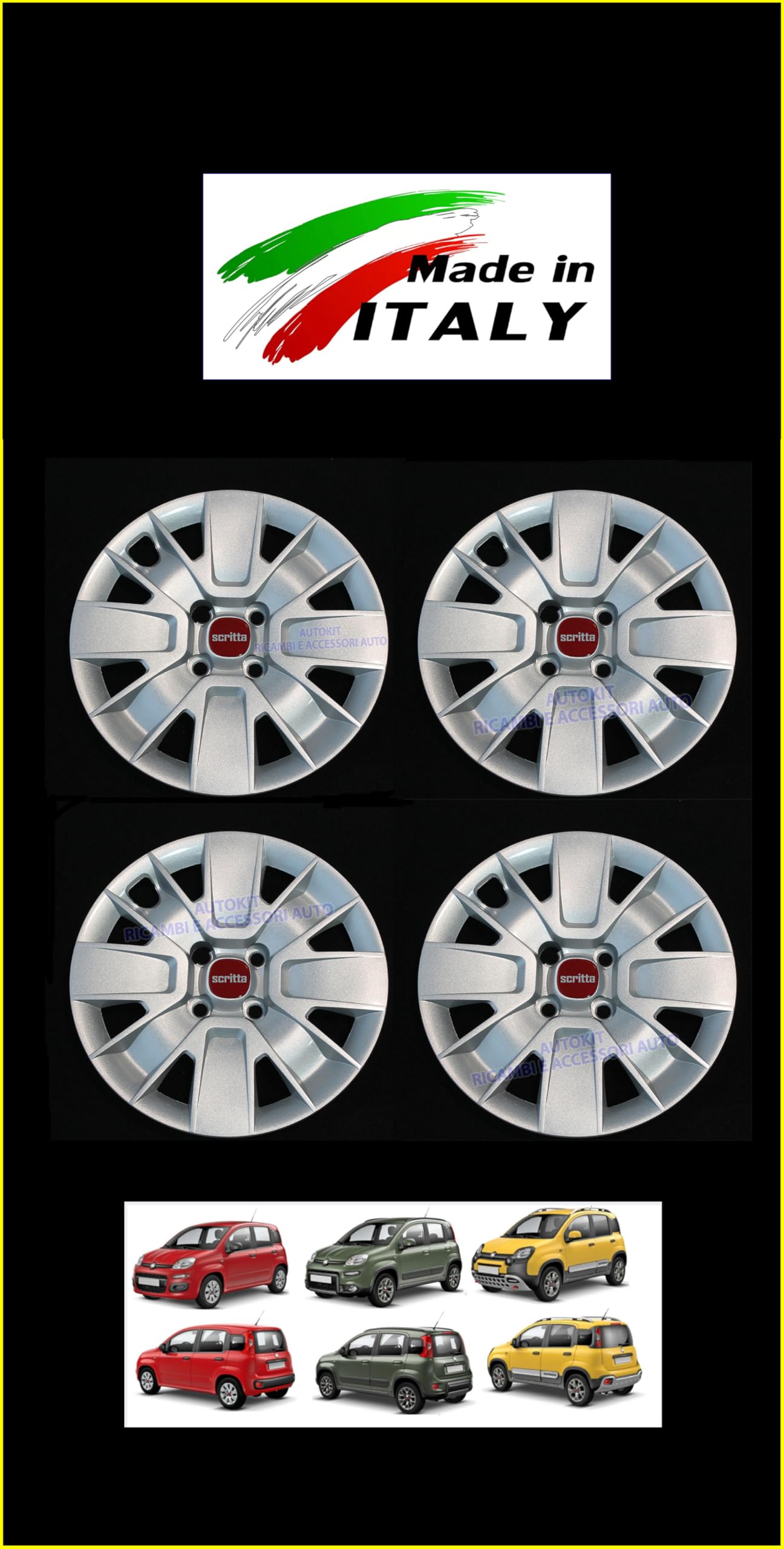 SET 4 COPRICERCHI COPPA RUOTA COPRIRUOTA BORCHIE CERCHIO Diametro 14" Specifiche per Panda modello 312 e 319 prodotte dal 2012 in poi - 767/14-14195