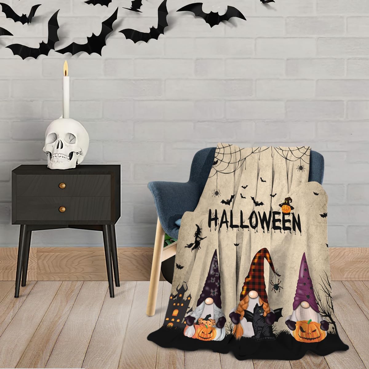 Halloween Gnome Blanket Flannel Fleece Throw Blankets Halloween Bats Black Cat Blanket Lightweight Cozy Warm Fuzzy Plush Soft Blankets for Couch Bed Sofa 60X80 Inches