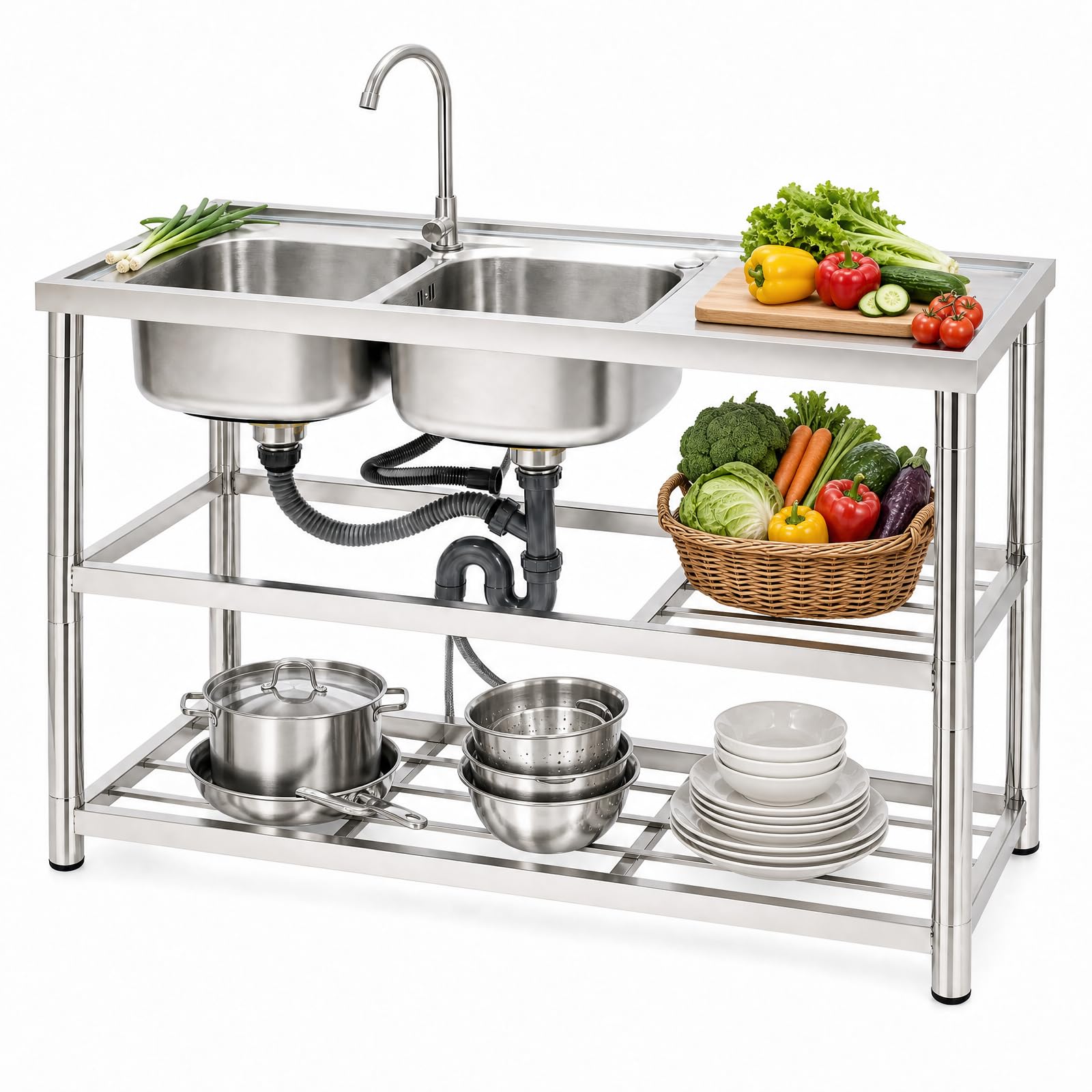 Lavello autoportante in acciaio inox, 2 vasche, 120 x 45 x 80 cm, lavello in acciaio inox, 3 livelli, doppio lavello con rubinetto a 360°, scolapiatti per cucina e ristorante