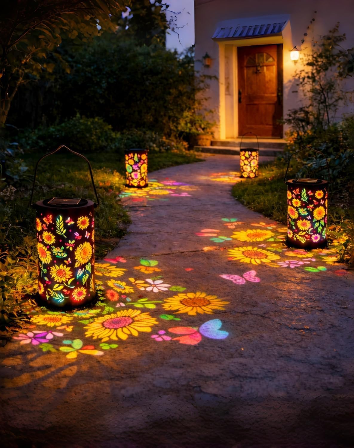 Colorful Sunflower Glow Solar Garden Lantern, Waterproof Metal Solar Hanging Lantern with Colorful Projection, Outdoor Decorative Light for Patio, Yard, Pathway, Porch Garden Decor (Warm Light,1pc)