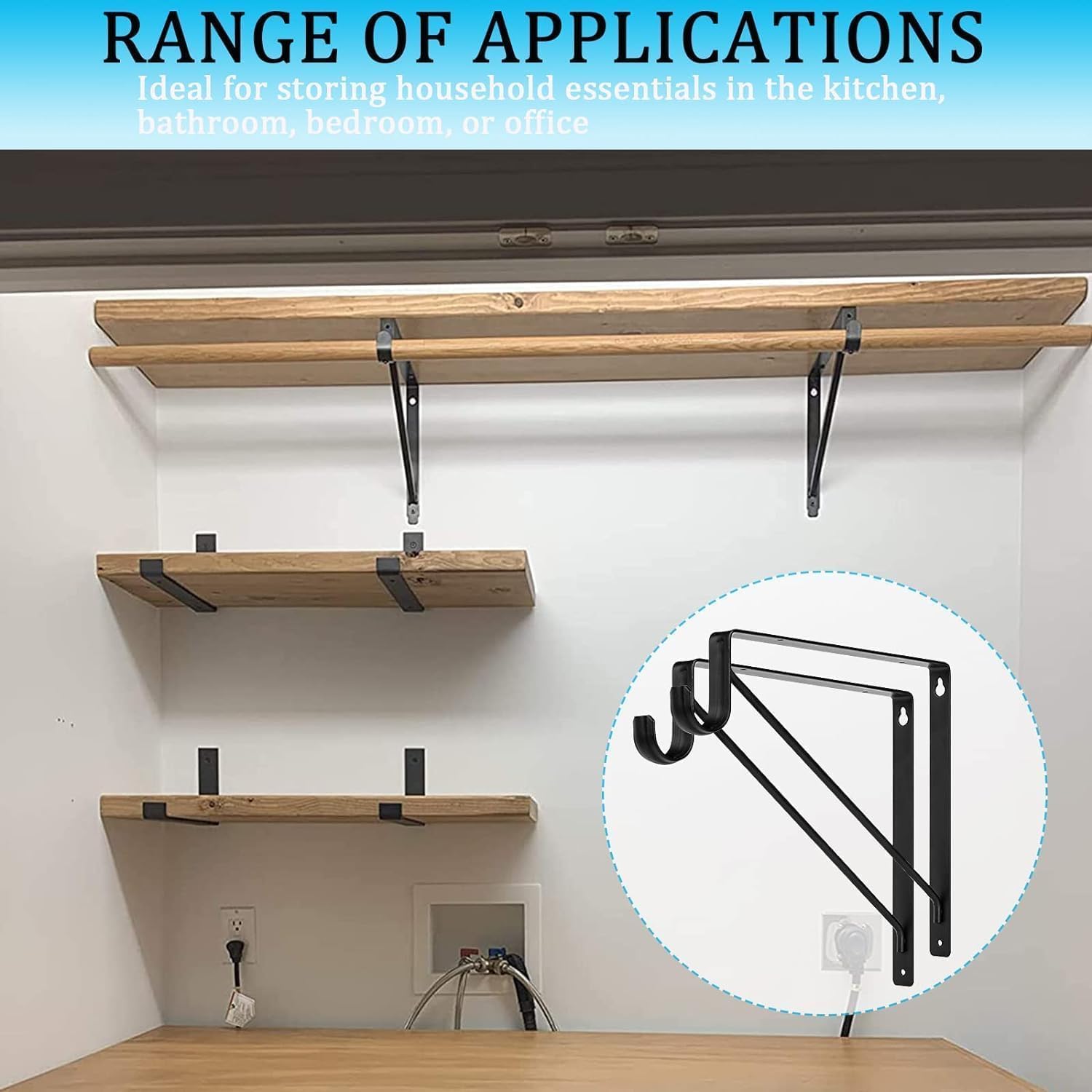 10PCS Heavy Duty Closet Rod Bracket, 11 x 11 Inch Closet Shelf Brackets,Supports 300 lbs,Wall Mount Closet Rod Supports Bracket Hook with Screws, Closet Rod Holders for Home and Closet Decor(Black)